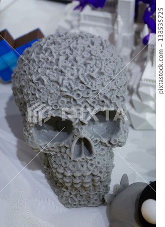 3D printed different art objects. Objects printed on 3D printer from melted colored plastic. Model gray skull created on 3D printer from threads of molten plastic. Modern new additive technologies 138535725