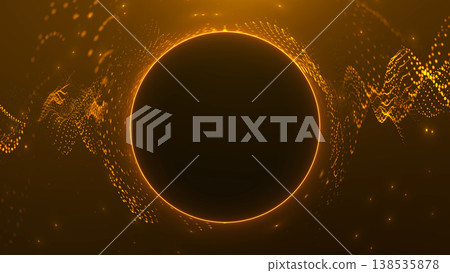 Golden glowing ring with flowing particle waves and deep dark center. Abstract luxury energy circle with elegant light motion and premium futuristic atmosphere. Golden glowing ring with flowing particle waves and deep dark center. Abstract luxury energy circle with elegant light motion and premium futuristic atmosphere. 138535878