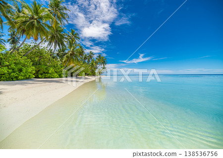 Majestic tropical beach landscape with pristine calm ocean, breathtaking island background and dreamy nature wallpaper Majestic tropical beach landscape with pristine calm ocean, breathtaking island background and dreamy nature wallpaper 138536756