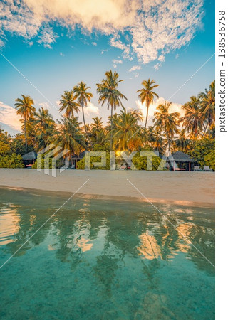 Breathtaking picturesque sunset beach with majestic colorful sky and swaying palm trees, dreamy tropical paradise wall art Breathtaking picturesque sunset beach with majestic colorful sky and swaying palm trees, dreamy tropical paradise wall art 138536758