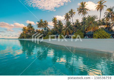Gorgeous serene sunset ocean with radiant colorful sky reflections, majestic tropical paradise beach and luminous wall art landscape Gorgeous serene sunset ocean with radiant colorful sky reflections, majestic tropical paradise beach and luminous wall art landscape 138536759