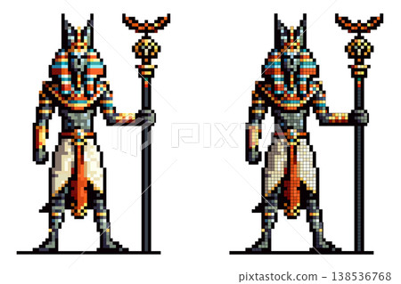 Pixel art character the ancient Egyptian god Anubis, with a jackal head, traditional attire, and a tall staff, standing on a white background. 138536768