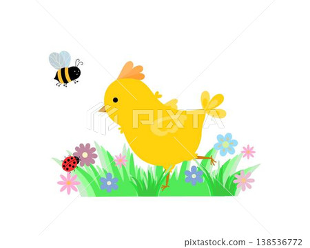 Cute happy little yellow chick in green grass and colorful flowers, with ladybug and bee, festive Easter spring holiday kids composition, hand drawn illustration for seasonal events decor Cute happy little yellow chick in green grass and colorful flowers, with ladybug and bee, festive Easter spring holiday kids composition, hand drawn illustration for seasonal events decor 138536772