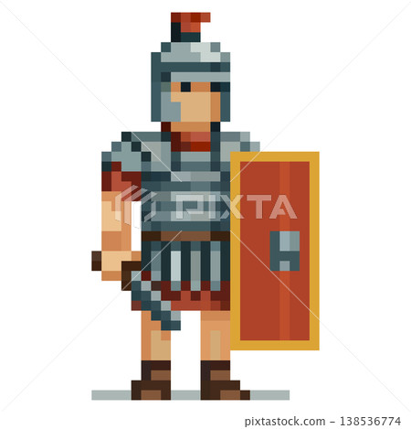 Pixel art character Roman legionary wearing a silver helmet with a red plume, segmented armor, holding a short sword and a rectangular shield, standing on a white background. 138536774