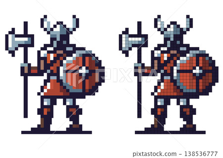Pixel art character Viking warrior wearing a horned helmet, red armor, holding a large axe and a round shield, standing on a white background. 138536777