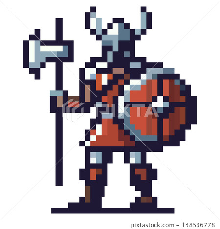 Pixel art character Viking warrior wearing a horned helmet, red armor, holding a large axe and a round shield, standing on a white background. 138536778