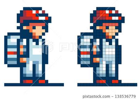 Pixel art character traveler wearing a red and white cap, light blue clothing, a large backpack, and red shoes, standing on a white background. Pixel art character traveler wearing a red and white cap, light blue clothing, a large backpack, and red shoes, standing on a white background. 138536779
