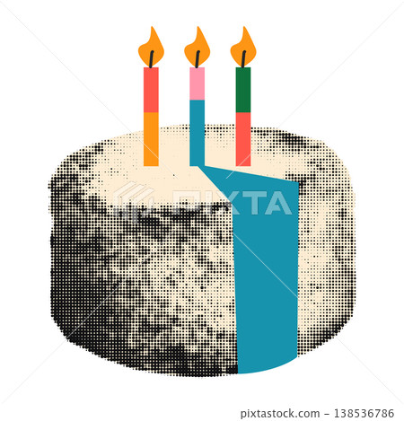 Birthday cake with three candles halftone element for collage. Funny sticker, paper cut out with vintage dotted texture and doodles. Modern retro mixed media vector illustration, party decoration 138536786