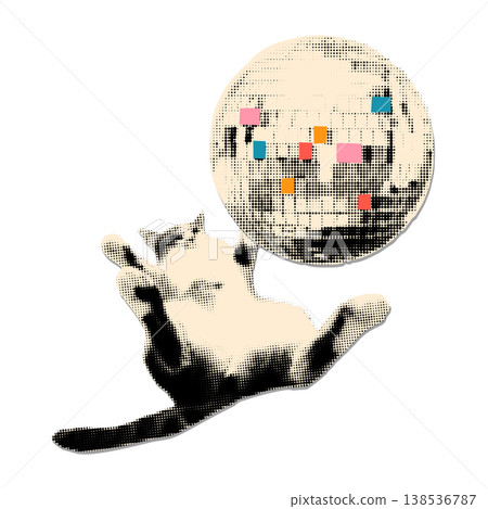 Trendy modern retro element for collage. Halftone cat playing with shiny disco ball as a toy cut out vector illustration isolated on transparent background. Grunge party sticker for mixed media design Trendy modern retro element for collage. Halftone cat playing with shiny disco ball as a toy cut out vector illustration isolated on transparent background. Grunge party sticker for mixed media design 138536787