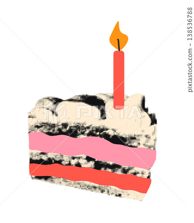 Piece slice of birthday cake with one candle halftone element for collage. Funny sticker paper cut out with vintage dotted texture and doodles. Modern retro mixed media vector illustration Piece slice of birthday cake with one candle halftone element for collage. Funny sticker paper cut out with vintage dotted texture and doodles. Modern retro mixed media vector illustration 138536788