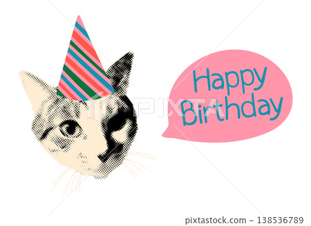 Trendy element for collage. Halftone cat wearing striped party hat with speech bubble and text Happy Birthday. Celebration concept. Modern retro vector illustration on transparent background Trendy element for collage. Halftone cat wearing striped party hat with speech bubble and text Happy Birthday. Celebration concept. Modern retro vector illustration on transparent background 138536789