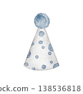 Watercolor Birthday party hat. Blue party cones with polka dot. Hand painted clip art perfect for birthday invitation or card, sticker, nursery wall art. Transparent background 138536818