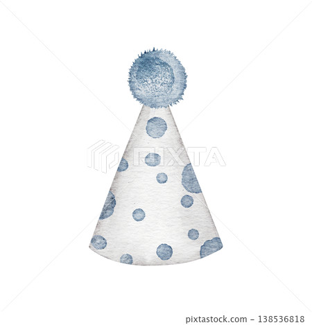 Watercolor Birthday party hat. Blue party cones with polka dot. Hand painted clip art perfect for birthday invitation or card, sticker, nursery wall art. Transparent background 138536818