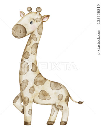 Cute baby giraffe hand painted in watercolor. Safari animal perfect for a baby shower, nursery decorations, or birthday invitations. Kids decor and playful toy. Transparent background 138536819
