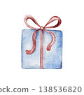Blue gift box with red bow. Watercolor Hand drawn illustration. Celebration Surprise for Christmas or birthday party invitations, greeting card. Transparent background. Surprise for Christmas or 138536820