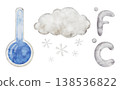 Watercolor snow cloud with cold snowflakes, thermometer, and temperature symbols Celsius and Fahrenheit. Weather icon illustration. Set of meteorology and climate elements for kids lessons, preschool 138536822