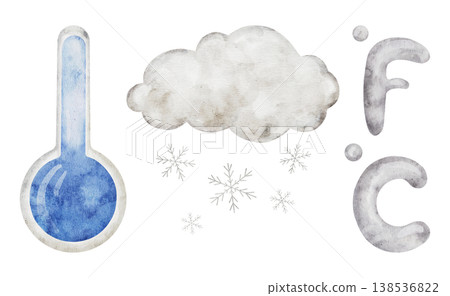 Watercolor snow cloud with cold snowflakes, thermometer, and temperature symbols Celsius and Fahrenheit. Weather icon illustration. Set of meteorology and climate elements for kids lessons, preschool Watercolor snow cloud with cold snowflakes, thermometer, and temperature symbols Celsius and Fahrenheit. Weather icon illustration. Set of meteorology and climate elements for kids lessons, preschool 138536822