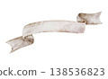 Wide scroll banner hand drawn in watercolor. Elegant beige ribbon. Perfect for Birthday, Christmas card, invitation poster and other seasonal project. Transparent background. 138536823