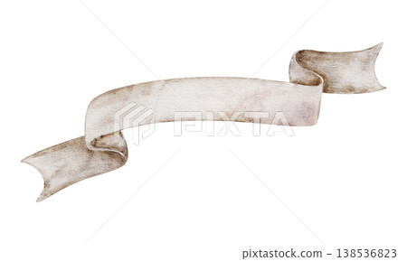 Wide scroll banner hand drawn in watercolor. Elegant beige ribbon. Perfect for Birthday, Christmas card, invitation poster and other seasonal project. Transparent background. 138536823