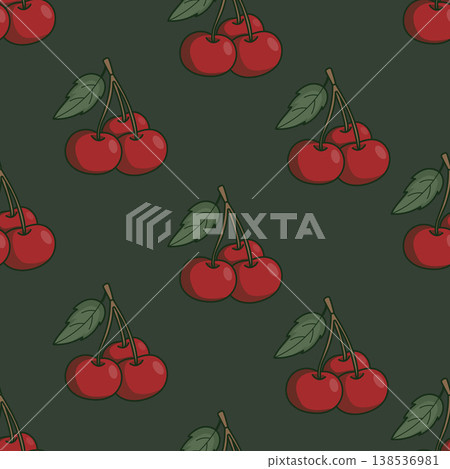 Seamless Pattern with Dark Red Cherries and Leaves. Sour Cherry Branches on Dark Green Background. Rustic Fruit Print. Vector Illustration. Seamless Pattern with Dark Red Cherries and Leaves. Sour Cherry Branches on Dark Green Background. Rustic Fruit Print. Vector Illustration. 138536981