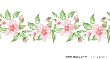 Seamless border pattern with pink watercolor flowers, buds and green leaves. Romantic botanical illustration 138537085