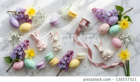 Top-down flat lay of easter spring decorations featuring pastel eggs, bunny figurines, and fresh flowers on a neutral background 138537321