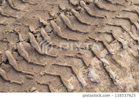 Detailed texture of tire tracks on wet sand or soil Detailed texture of tire tracks on wet sand or soil 138537625