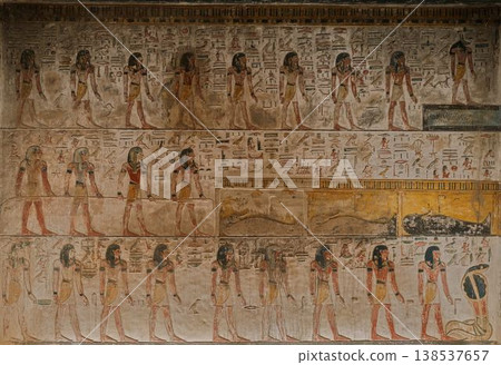 Tomb of Seti I, KV17: A mural depicting a neatly arranged procession of gods. Tomb of Seti I, KV17: A mural depicting a neatly arranged procession of gods. 138537657