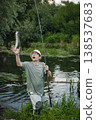 Man with fishing rod near the lake fishing at summer. Fisherman catch a fish. Man wearing khaki clothes and a cap. 138537683