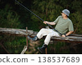 Man with fishing rod near the lake fishing at summer. Fisherman sitting on a footbridge. Man wearing khaki clothes and a cap. 138537689