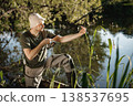 Man with fishing rod near the lake fishing at summer. Fisherman enjoying his hobby. Man wearing khaki clothes and a cap. 138537695