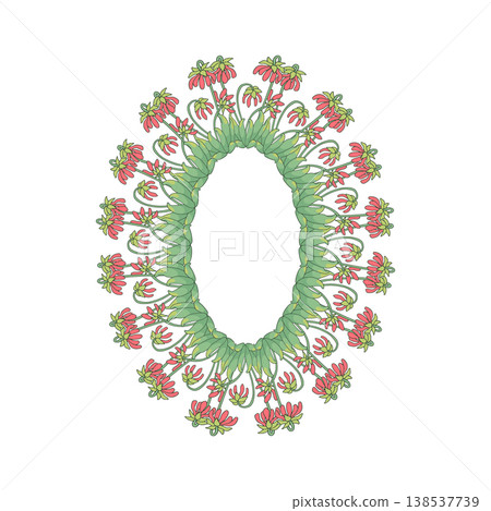 Hand drawn line art canary islands flowers parrot beaks wreath. Card template with cute floral frame. Hand drawn line art canary islands flowers parrot beaks wreath. Card template with cute floral frame. 138537739