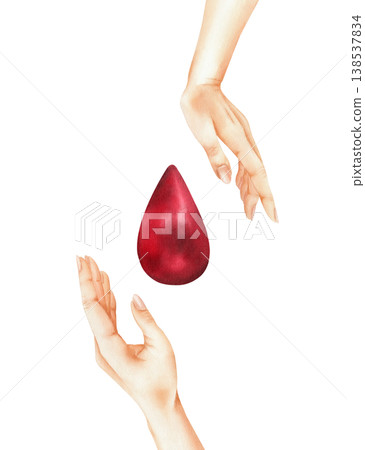 Bright red drop of blood between two human hands. Concept of donation, heroes of life, save life, support, medical care. Watercolor isolated hand painted illustration for card, posters, infographics 138537834