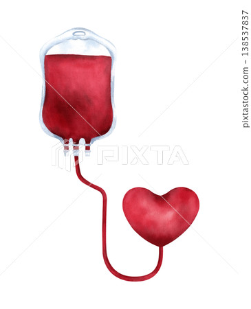 Watercolor blood bag transfusion with red tube is connected to heart. Hand painted isolated illustration. Concept blood donation for Blood Donor Day poster, card, medical support, cardiac treatment Watercolor blood bag transfusion with red tube is connected to heart. Hand painted isolated illustration. Concept blood donation for Blood Donor Day poster, card, medical support, cardiac treatment 138537837