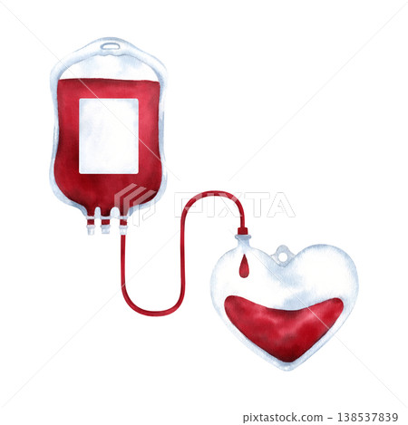 Classic blood bag with red tube is connected to heart-shaped blood bag. Drop drips into liquid. Watercolor isolated illustration for Blood Donor Day poster, card with copy space, medical support Classic blood bag with red tube is connected to heart-shaped blood bag. Drop drips into liquid. Watercolor isolated illustration for Blood Donor Day poster, card with copy space, medical support 138537839