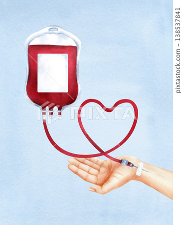 Watercolor template of blood transfusion. Blood bag with blank label, heart shaped red tube, hand with catheter and adhesive bandage. Card with copy space on blue background for donation day poster 138537841