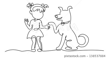 Little girl touch paw big dog. Give me your paw. Caring for puppy. Little girl touch paw big dog. Give me your paw. Caring for puppy. 138537884