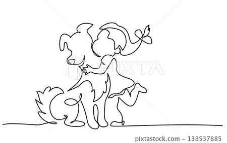 Happy small Girl hugs big dog. Continuous one line art drawing Happy small Girl hugs big dog. Continuous one line art drawing 138537885