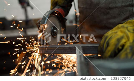 Angle Grinder Cutting Metal with Sparks Angle Grinder Cutting Metal with Sparks 138537945
