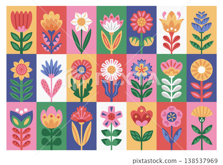 Flower grid of ornamental blooms arranged in tiled panels with bold shapes Flower grid of ornamental blooms arranged in tiled panels with bold shapes 138537969