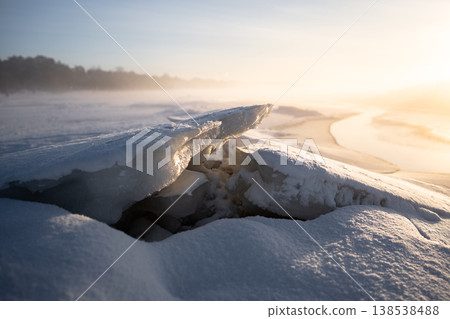 Winter season on lake, frozen cracked pieces of ice hidden under snow, dangerous area for walking. 138538488