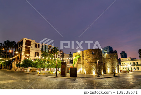 The illuminated stone towers of Bab Jadid gate serve as a grand entrance to the historic district of Al Balad in Jeddah, Saudi Arabia. The illuminated stone towers of Bab Jadid gate serve as a grand entrance to the historic district of Al Balad in Jeddah, Saudi Arabia. 138538571