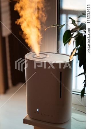 Closeup of humidifier on windowsill among potted houseplant spraying water vapor steam 138538613