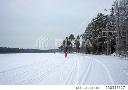 Sportsperson keeping physical activity in winter, skiing on frosty day at frozen lake outdoors. Sportsperson keeping physical activity in winter, skiing on frosty day at frozen lake outdoors. 138538627