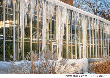 Glasshouse roof covered with huge icicles during cold winter season outdoors. Spring thaw. Glasshouse roof covered with huge icicles during cold winter season outdoors. Spring thaw. 138538636