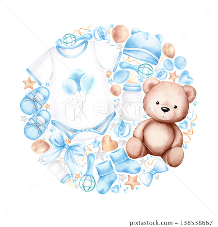 Watercolor baby boy items in solid circle. Blue newborn bodysuit, bottle, pacifier, hearts, stars, teddy bear. Hand drawn illustration isolated on white for invitations, birthday cards, stationery. 138538667