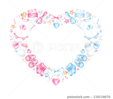 Heart frame of baby items, blue and pink balloons, stars. Hand drawn watercolor illustration isolated on white. Painted wreath with copy space for baby shower invitations, birthday cards, stationery. Heart frame of baby items, blue and pink balloons, stars. Hand drawn watercolor illustration isolated on white. Painted wreath with copy space for baby shower invitations, birthday cards, stationery. 138538670