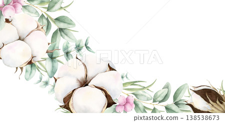 Cotton, eucalyptus leaves and snowberries elegant frame. Watercolor hand drawn illustration isolated on white. Botanical painting with copy space for greeting cards, wedding invitations, stationery. Cotton, eucalyptus leaves and snowberries elegant frame. Watercolor hand drawn illustration isolated on white. Botanical painting with copy space for greeting cards, wedding invitations, stationery. 138538673