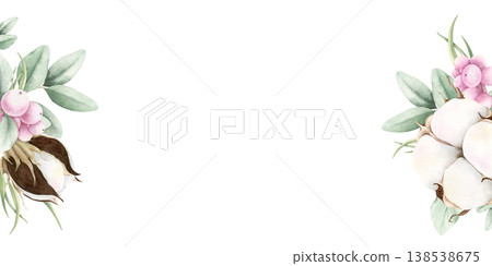 Watercolor cotton, eucalyptus, snowberries frame with copy space. Hand drawn botanical illustration isolated on white. Painting for wedding, birthday invitations, greeting cards, certificates design. 138538675