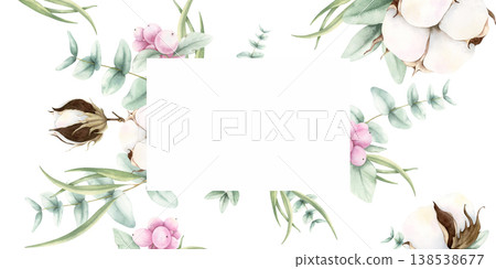 Watercolor cotton, eucalyptus and snowberries composition. Frame with copy space. Hand drawn botanical illustration isolated on white. Painting for wedding, birthday invitations, certificates design. Watercolor cotton, eucalyptus and snowberries composition. Frame with copy space. Hand drawn botanical illustration isolated on white. Painting for wedding, birthday invitations, certificates design. 138538677
